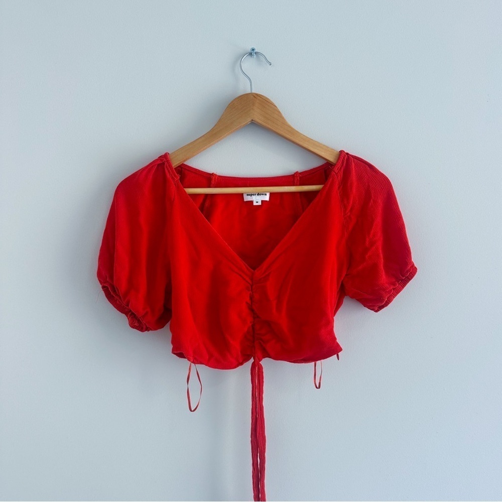 Aritzia Super Down Puff Sleeve Rouched Front Red Cropped Top Tie Bottom
